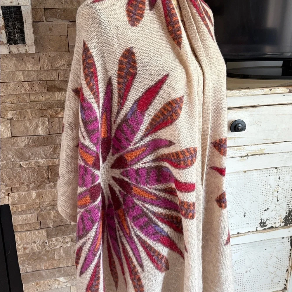 Pistil tan scarf wrap with colorful purple orange brown floral sunburst design